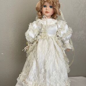 Vintage Dynasty Doll Collection Porcelain Doll – 16” Bride Doll in Lace Dress